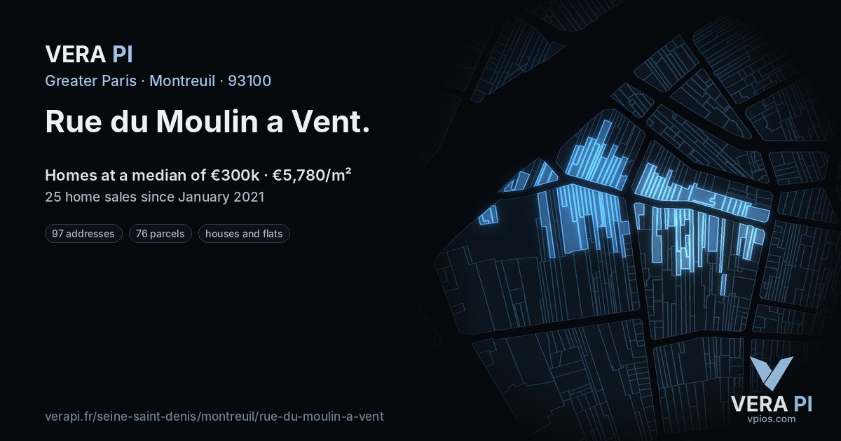 Rue du Moulin a Vent, Montreuil at night – every parcel coloured by the prices around it, the street's own parcels lit