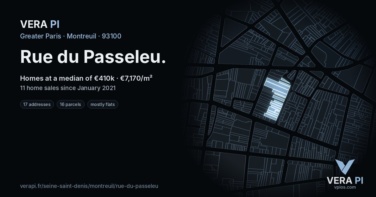 Rue du Passeleu, Montreuil at night – every parcel coloured by the prices around it, the street's own parcels lit