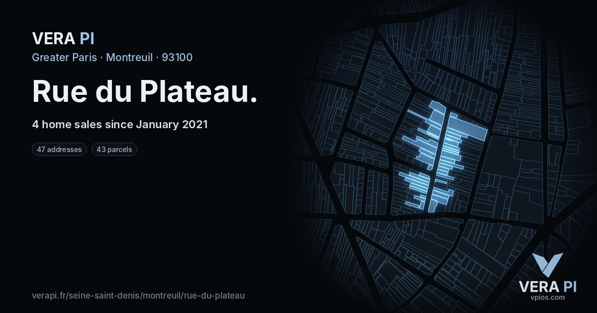 Rue du Plateau, Montreuil at night – every parcel coloured by the prices around it, the street's own parcels lit