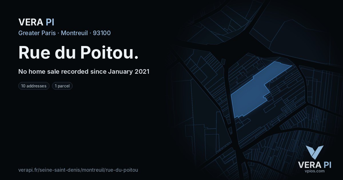 Rue du Poitou, Montreuil at night – every parcel coloured by the prices around it, the street's own parcels lit