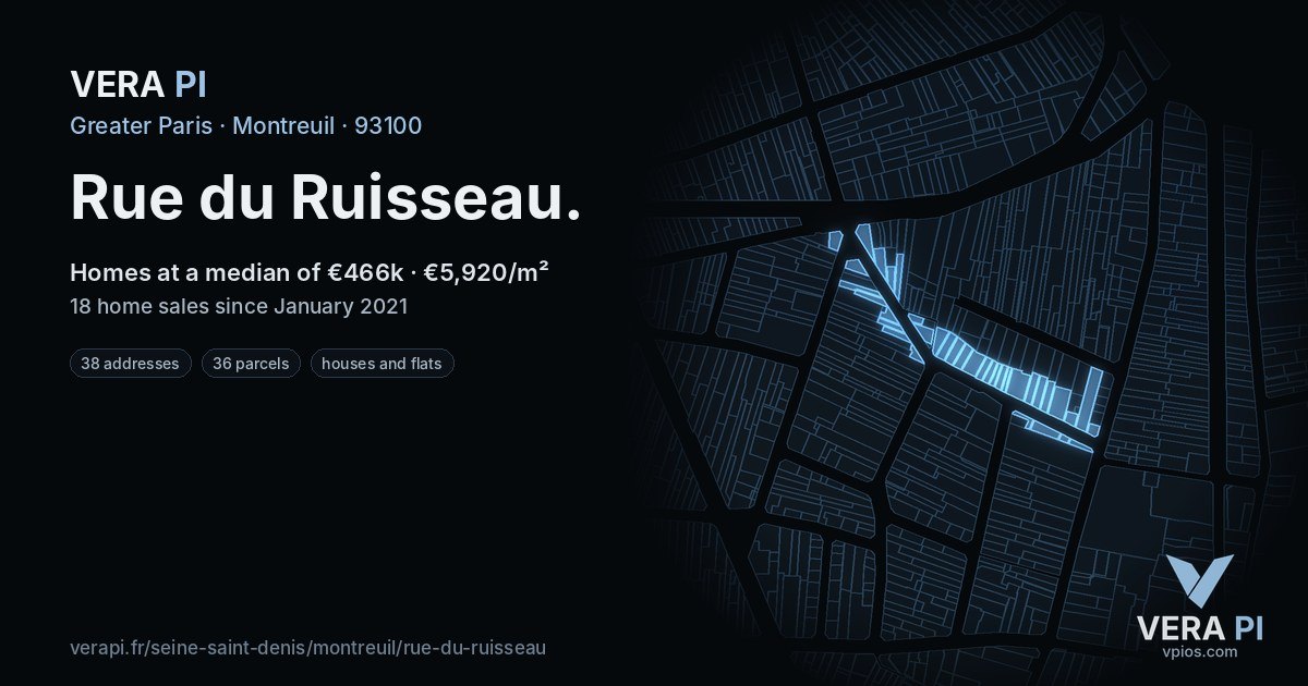Rue du Ruisseau, Montreuil at night – every parcel coloured by the prices around it, the street's own parcels lit