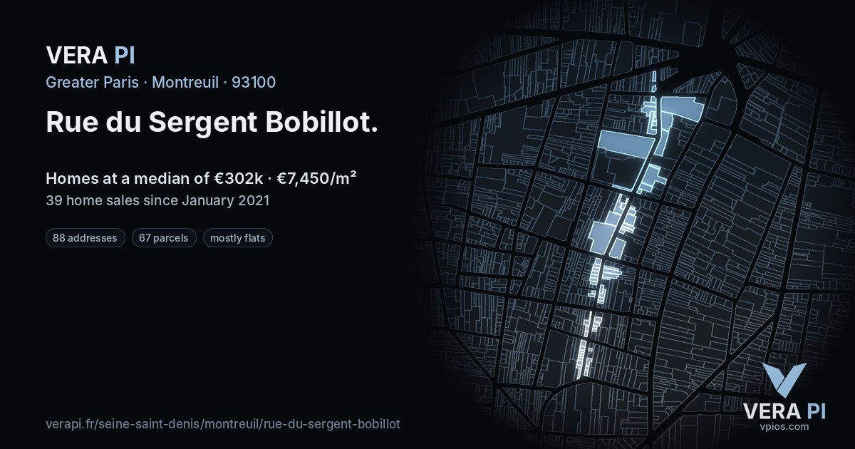 Rue du Sergent Bobillot, Montreuil at night – every parcel coloured by the prices around it, the street's own parcels lit