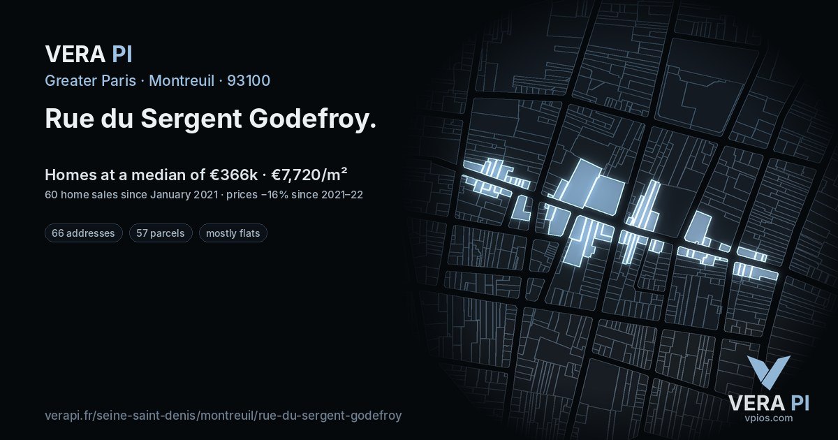 Rue du Sergent Godefroy, Montreuil at night – every parcel coloured by the prices around it, the street's own parcels lit