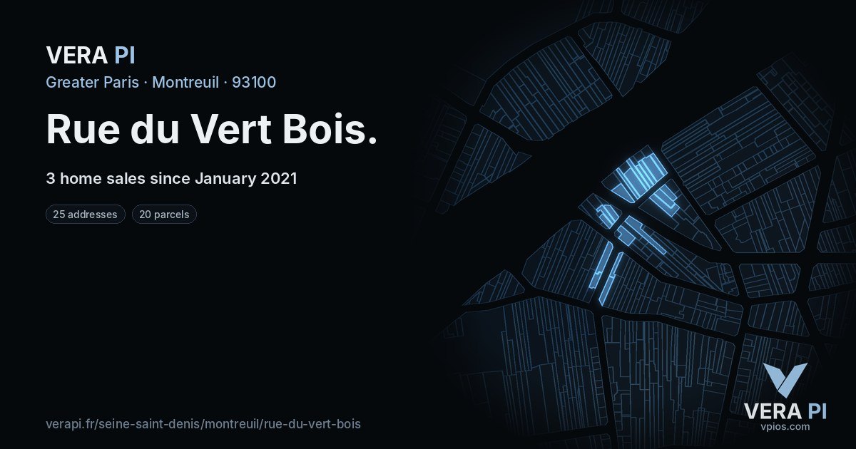 Rue du Vert Bois, Montreuil at night – every parcel coloured by the prices around it, the street's own parcels lit