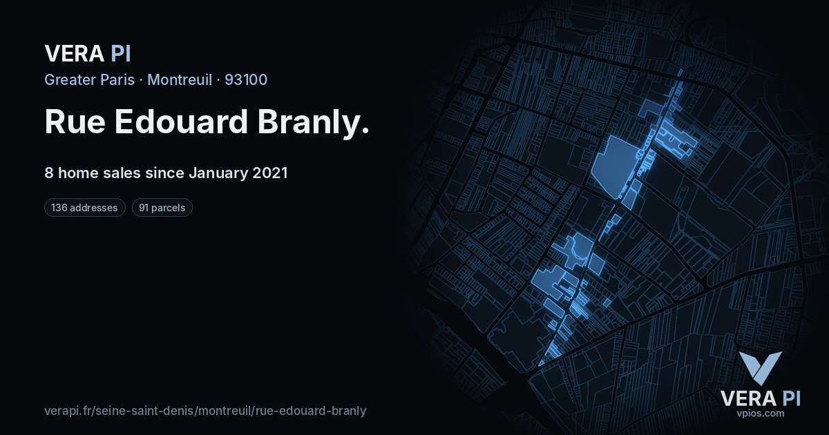 Rue Edouard Branly, Montreuil at night – every parcel coloured by the prices around it, the street's own parcels lit