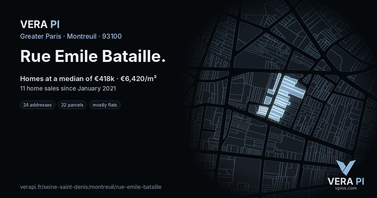 Rue Emile Bataille, Montreuil at night – every parcel coloured by the prices around it, the street's own parcels lit