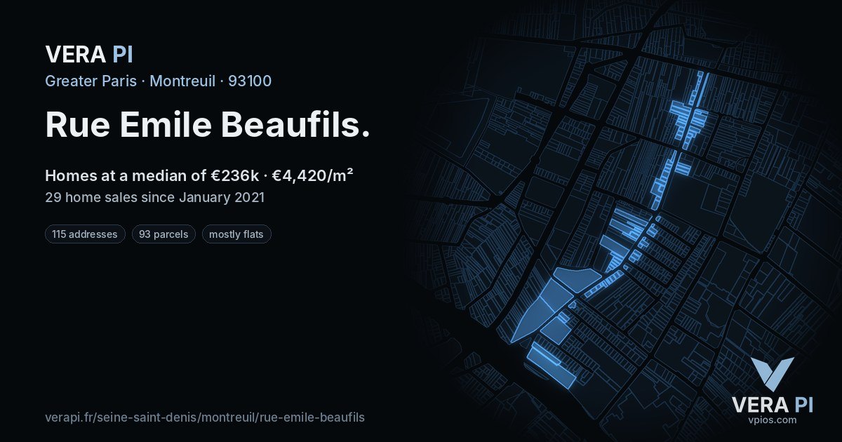 Rue Emile Beaufils, Montreuil at night – every parcel coloured by the prices around it, the street's own parcels lit