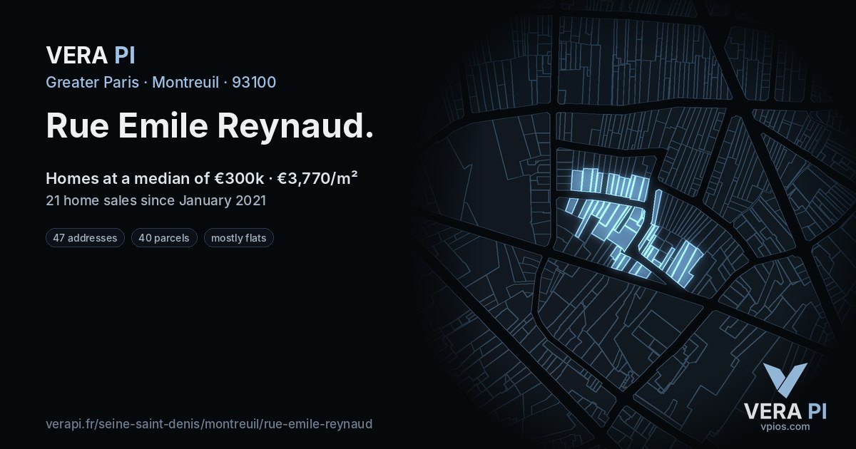Rue Emile Reynaud, Montreuil at night – every parcel coloured by the prices around it, the street's own parcels lit