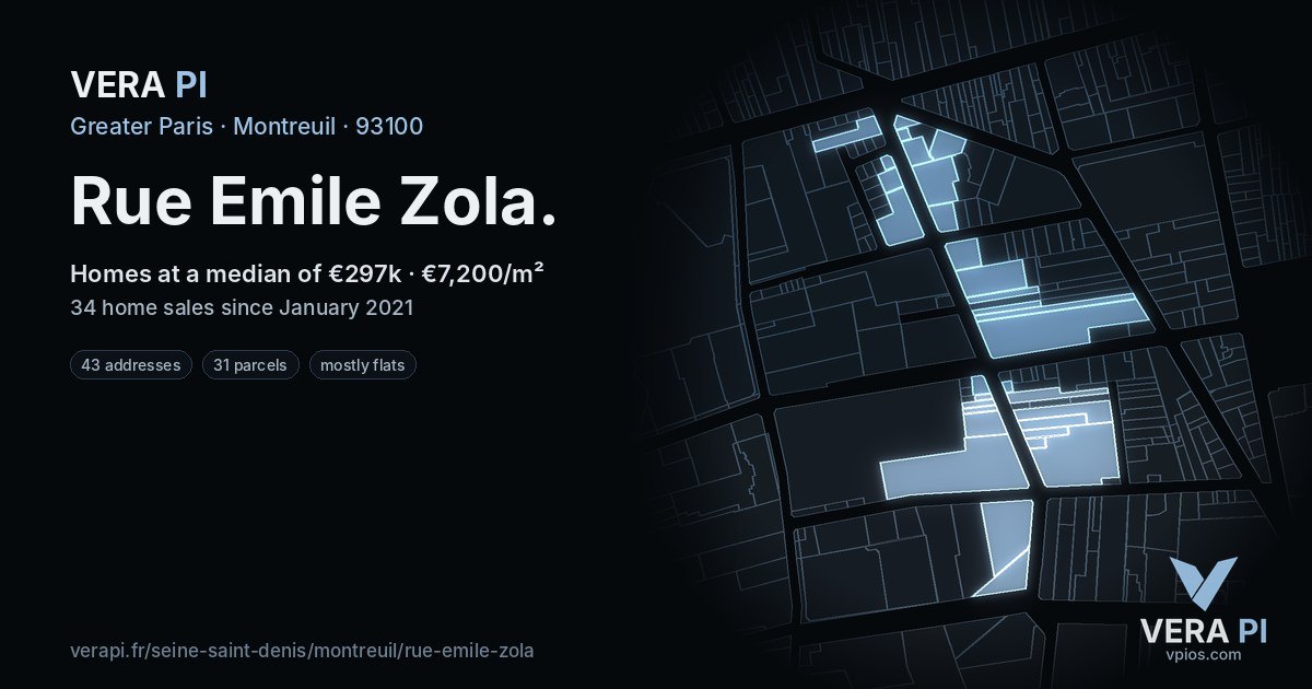 Rue Emile Zola, Montreuil at night – every parcel coloured by the prices around it, the street's own parcels lit