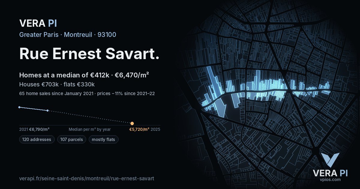 Rue Ernest Savart, Montreuil at night – every parcel coloured by the prices around it, the street's own parcels lit