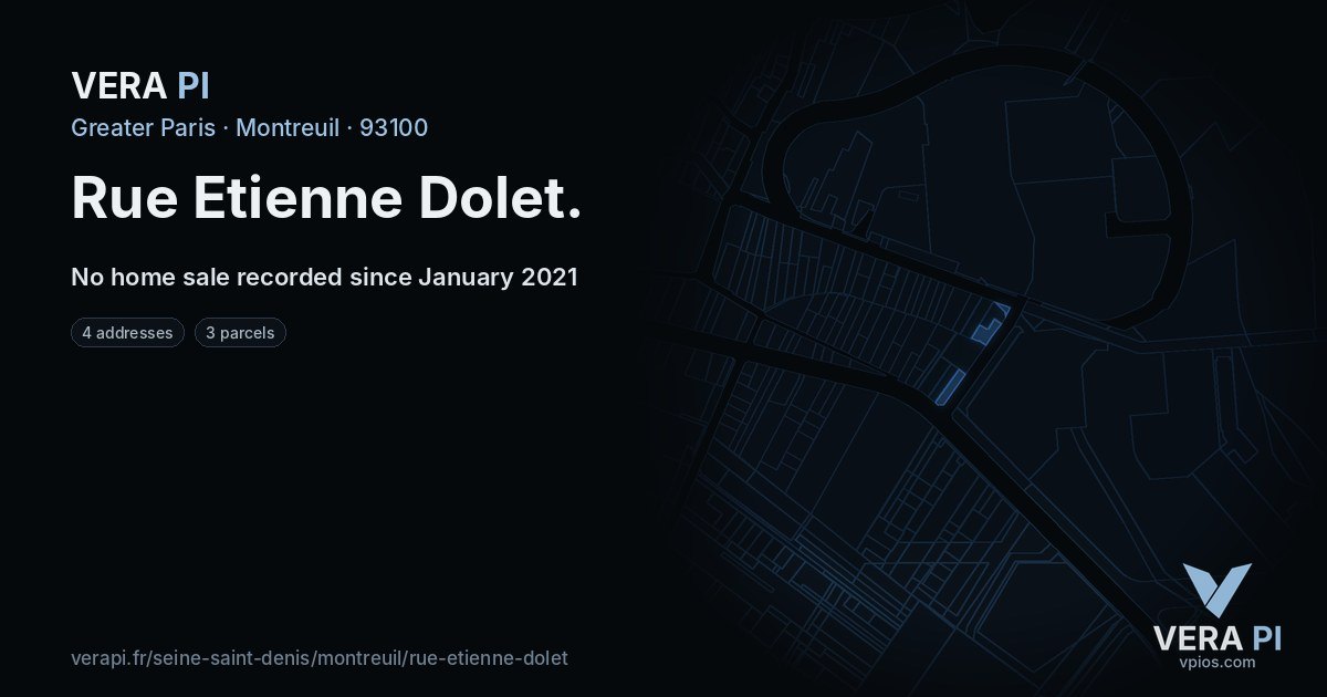 Rue Etienne Dolet, Montreuil at night – every parcel coloured by the prices around it, the street's own parcels lit