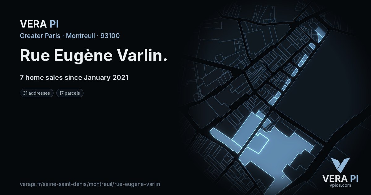 Rue Eugène Varlin, Montreuil at night – every parcel coloured by the prices around it, the street's own parcels lit