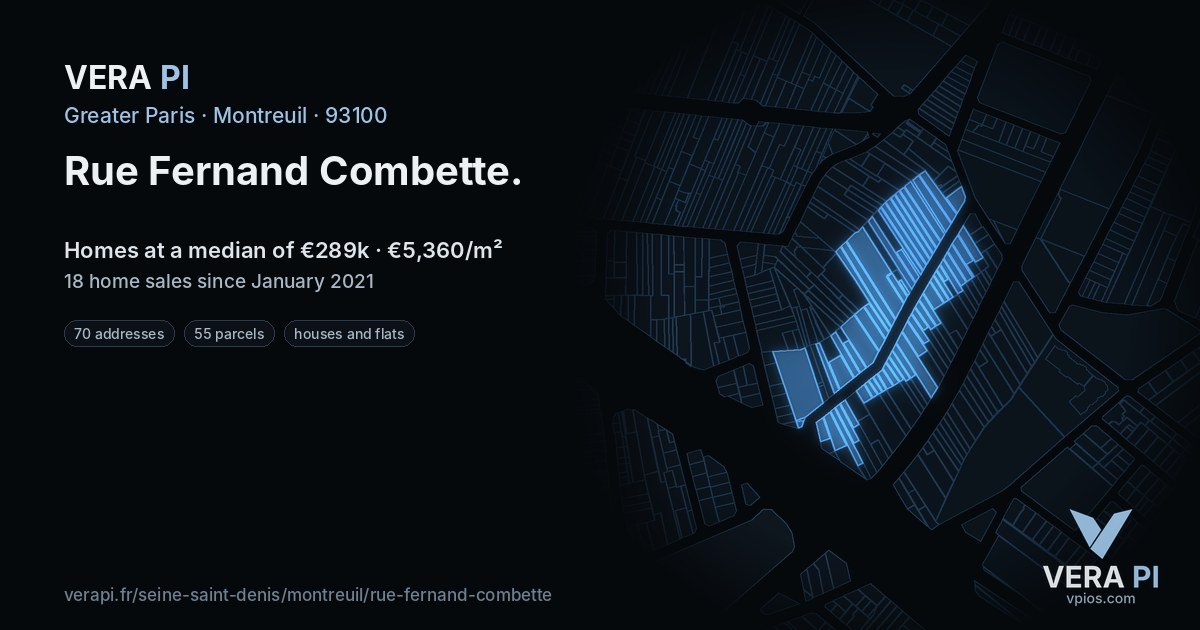Rue Fernand Combette, Montreuil at night – every parcel coloured by the prices around it, the street's own parcels lit