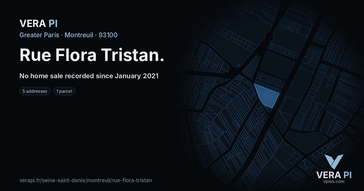 Rue Flora Tristan, Montreuil at night – every parcel coloured by the prices around it, the street's own parcels lit