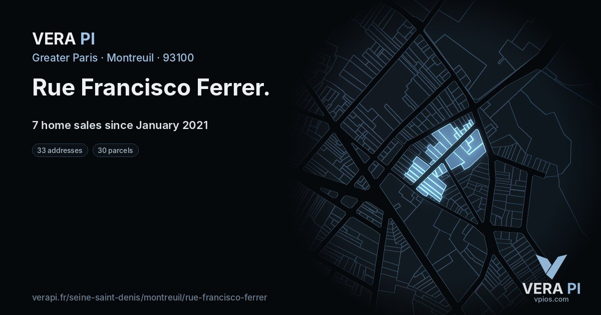 Rue Francisco Ferrer, Montreuil at night – every parcel coloured by the prices around it, the street's own parcels lit