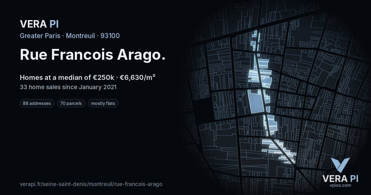 Rue Francois Arago, Montreuil at night – every parcel coloured by the prices around it, the street's own parcels lit