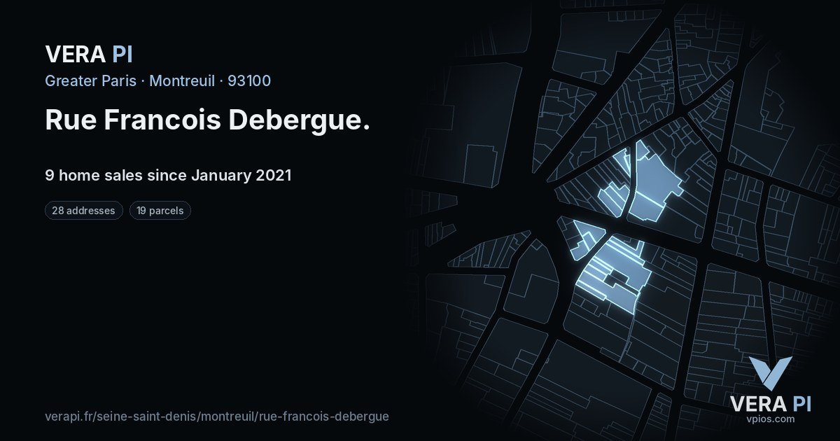 Rue Francois Debergue, Montreuil at night – every parcel coloured by the prices around it, the street's own parcels lit
