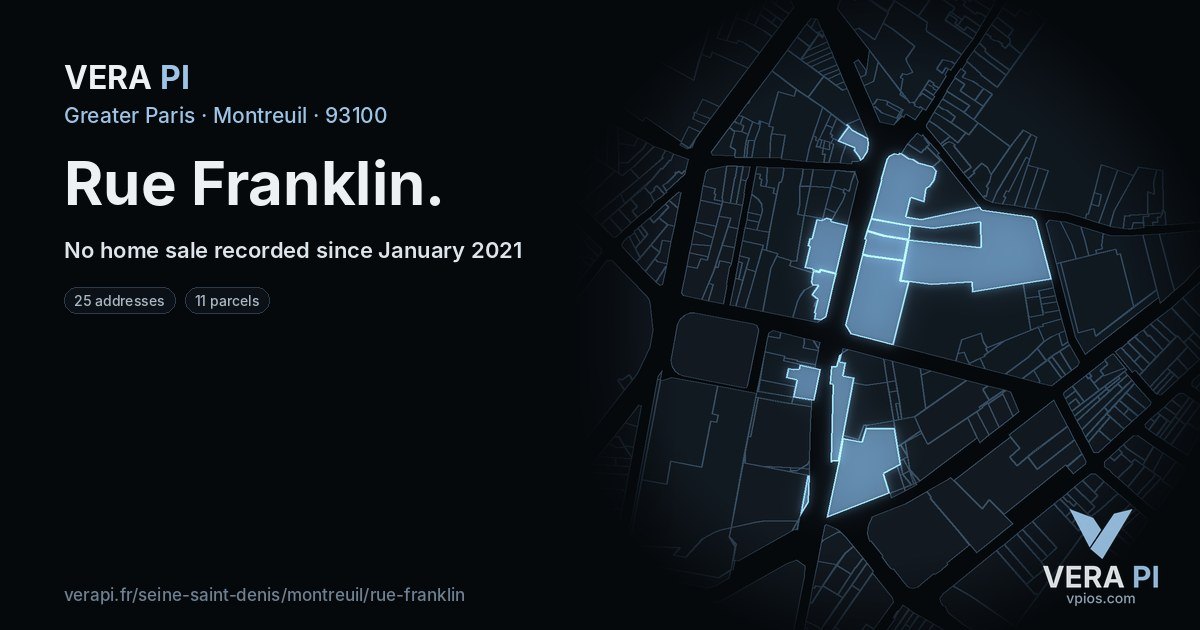 Rue Franklin, Montreuil at night – every parcel coloured by the prices around it, the street's own parcels lit