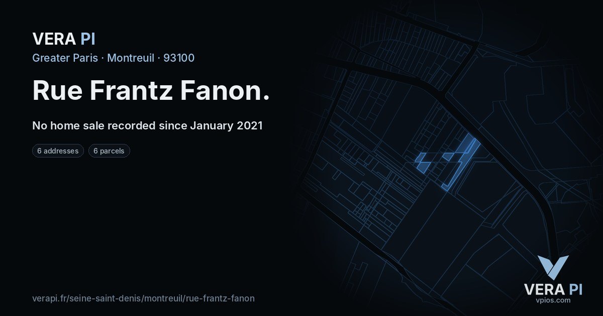 Rue Frantz Fanon, Montreuil at night – every parcel coloured by the prices around it, the street's own parcels lit