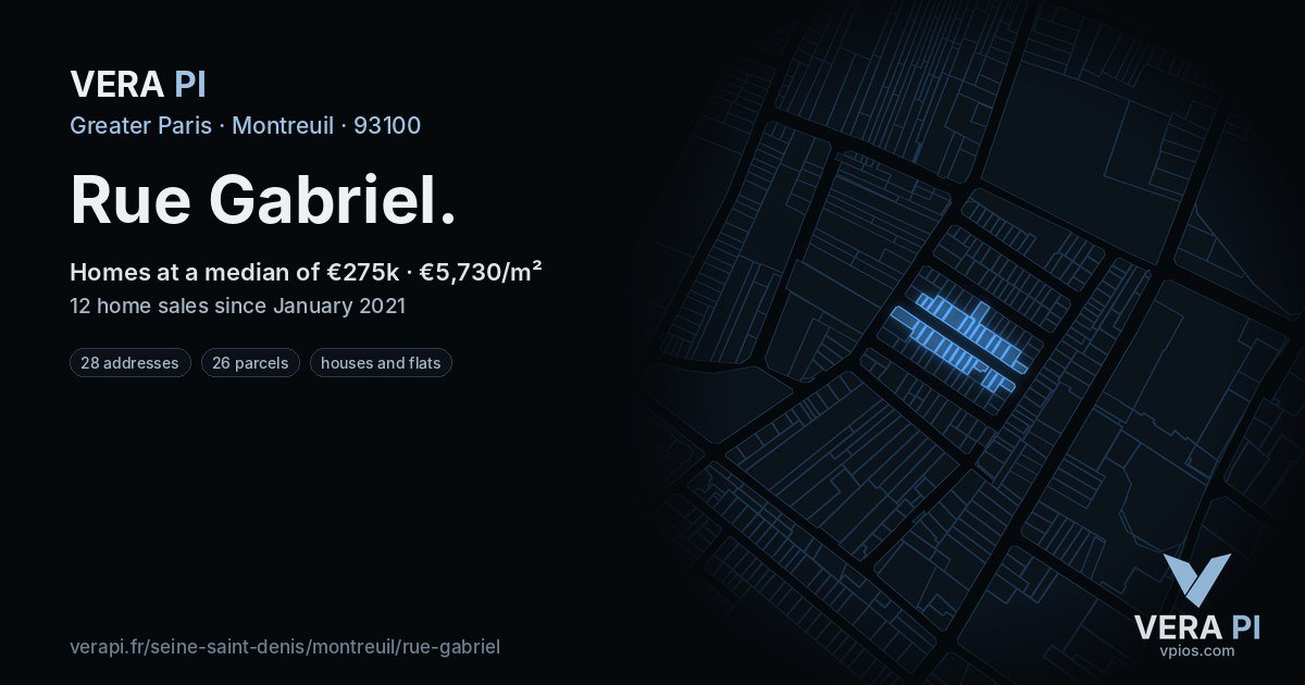 Rue Gabriel, Montreuil at night – every parcel coloured by the prices around it, the street's own parcels lit