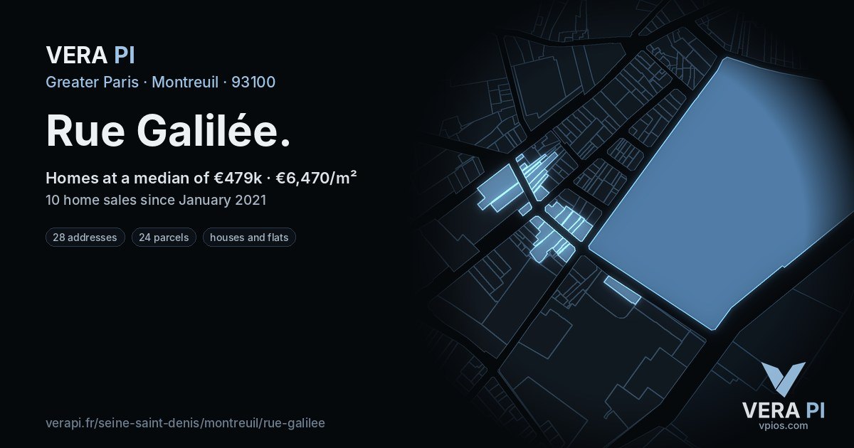Rue Galilée, Montreuil at night – every parcel coloured by the prices around it, the street's own parcels lit