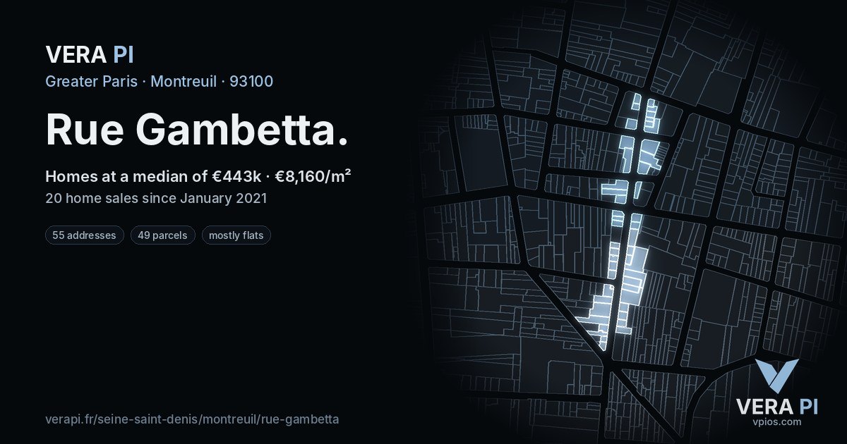 Rue Gambetta, Montreuil at night – every parcel coloured by the prices around it, the street's own parcels lit