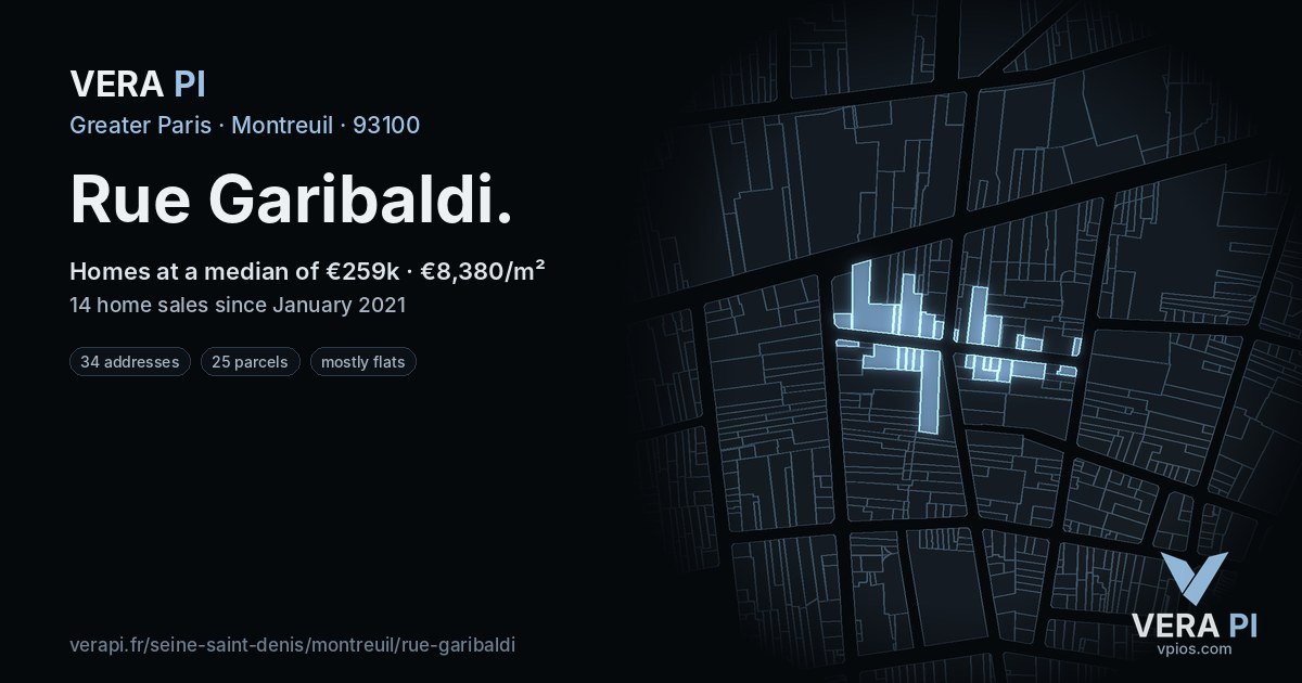 Rue Garibaldi, Montreuil at night – every parcel coloured by the prices around it, the street's own parcels lit