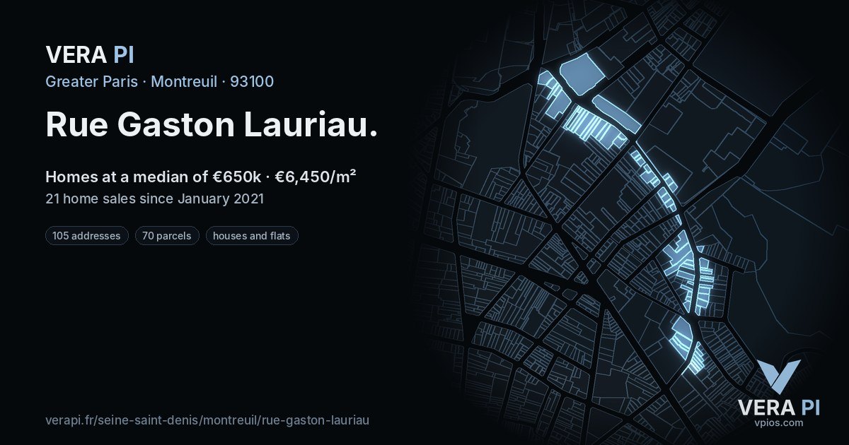 Rue Gaston Lauriau, Montreuil at night – every parcel coloured by the prices around it, the street's own parcels lit