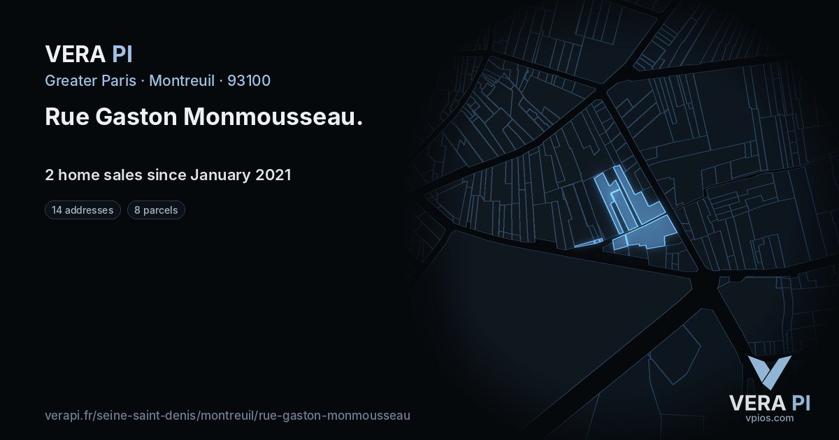Rue Gaston Monmousseau, Montreuil at night – every parcel coloured by the prices around it, the street's own parcels lit