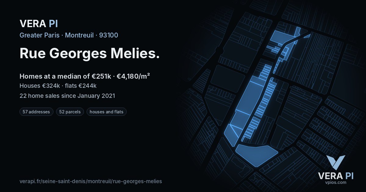 Rue Georges Melies, Montreuil at night – every parcel coloured by the prices around it, the street's own parcels lit