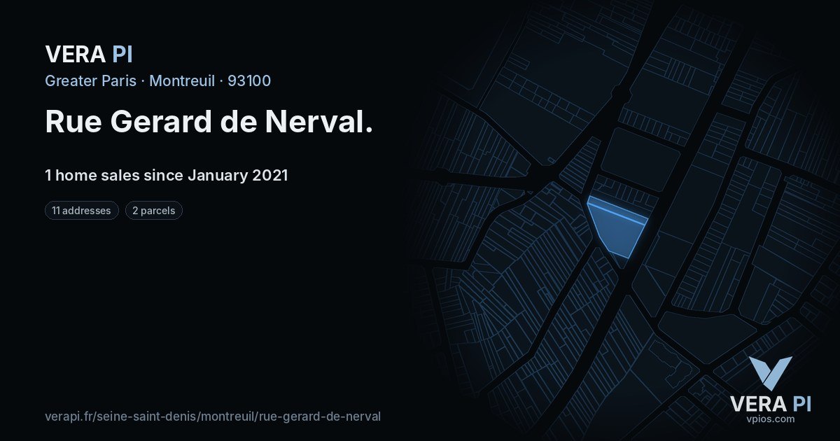 Rue Gerard de Nerval, Montreuil at night – every parcel coloured by the prices around it, the street's own parcels lit
