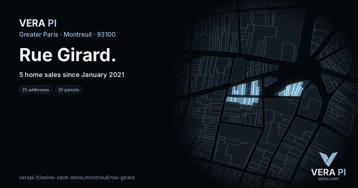 Rue Girard, Montreuil at night – every parcel coloured by the prices around it, the street's own parcels lit
