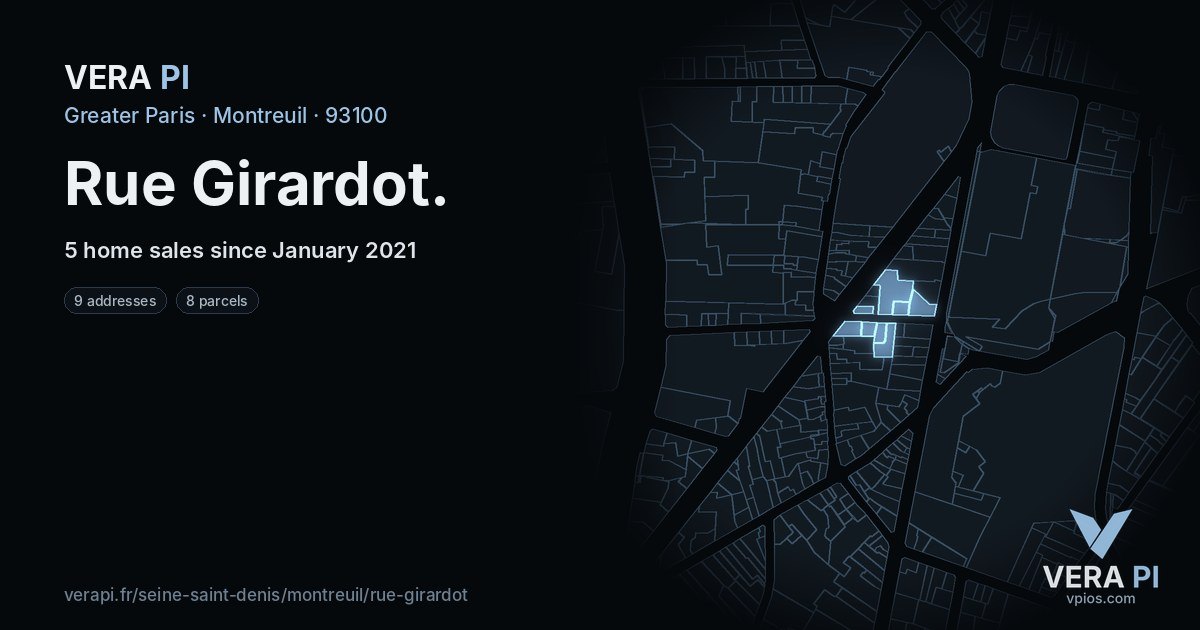 Rue Girardot, Montreuil at night – every parcel coloured by the prices around it, the street's own parcels lit