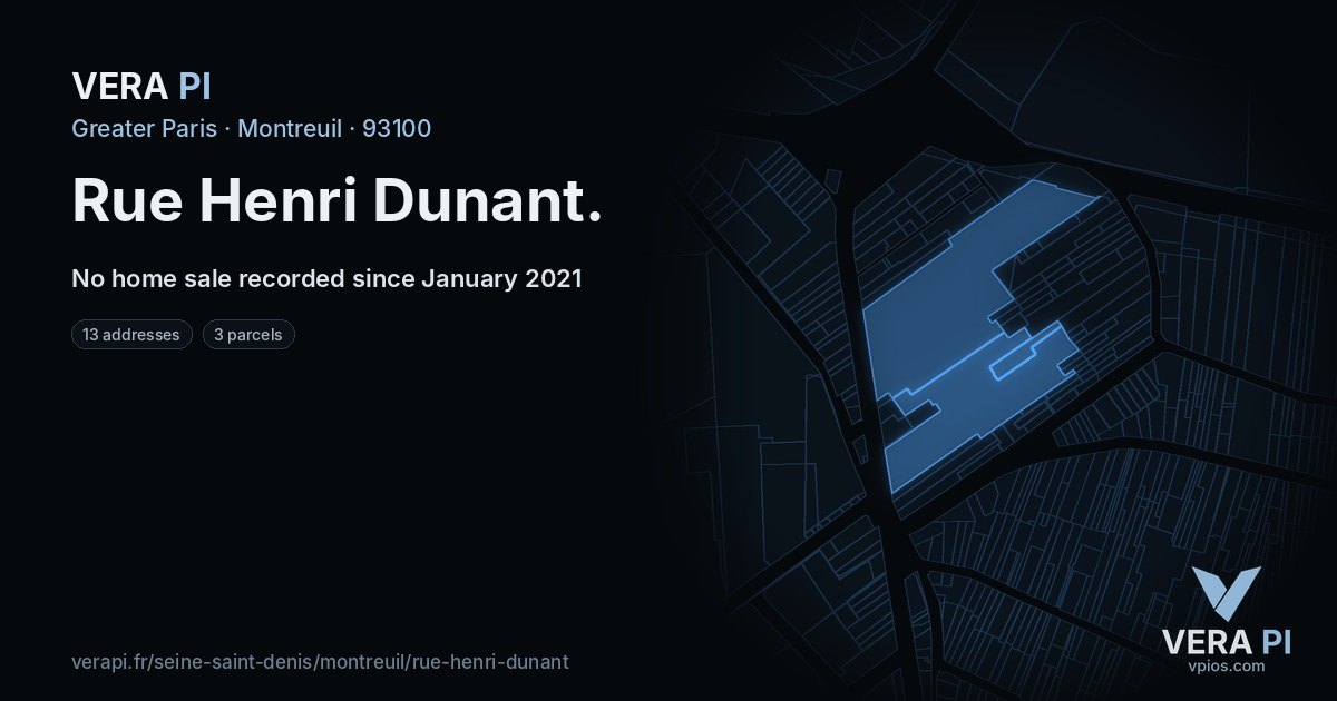 Rue Henri Dunant, Montreuil at night – every parcel coloured by the prices around it, the street's own parcels lit