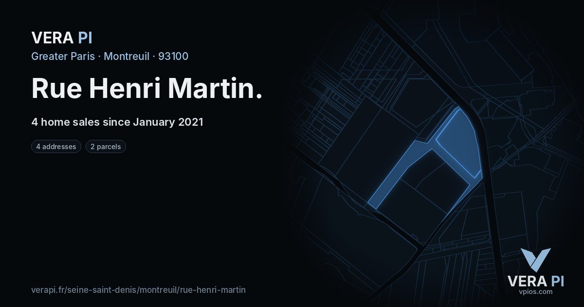 Rue Henri Martin, Montreuil at night – every parcel coloured by the prices around it, the street's own parcels lit