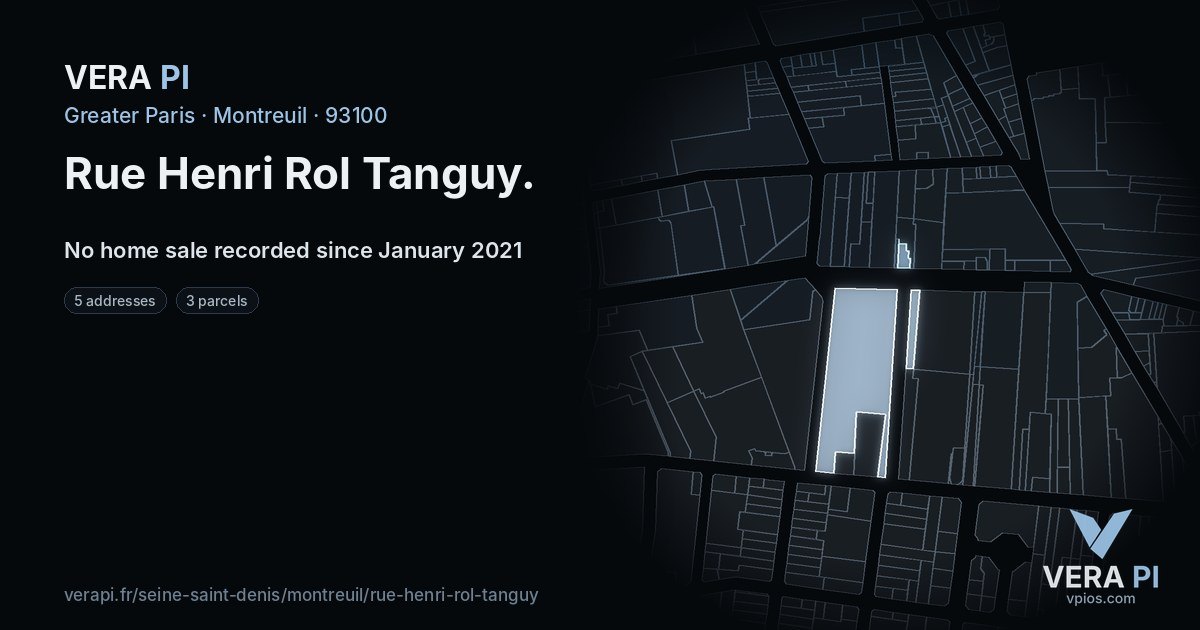 Rue Henri Rol Tanguy, Montreuil at night – every parcel coloured by the prices around it, the street's own parcels lit