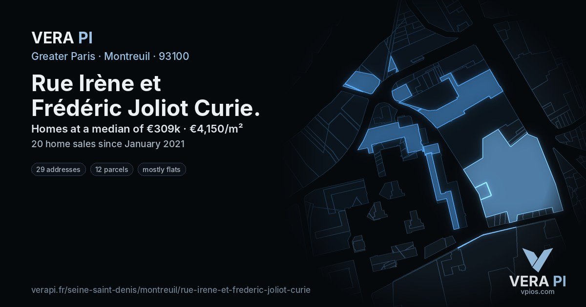 Rue Irène et Frédéric Joliot Curie, Montreuil at night – every parcel coloured by the prices around it, the street's own parcels lit