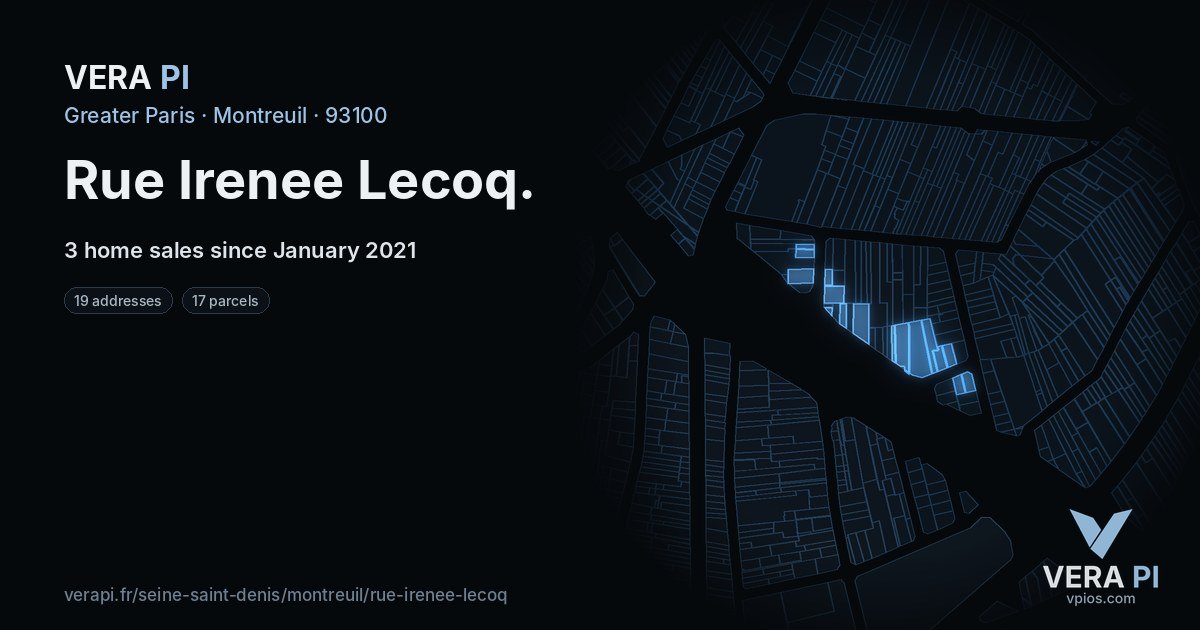 Rue Irenee Lecoq, Montreuil at night – every parcel coloured by the prices around it, the street's own parcels lit