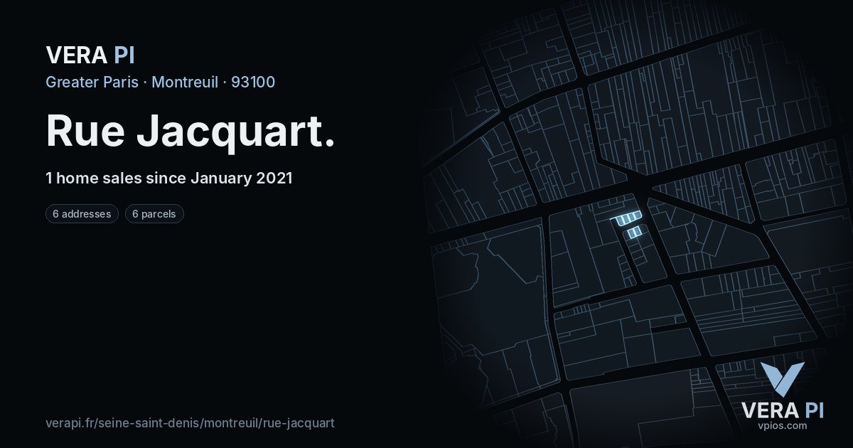 Rue Jacquart, Montreuil at night – every parcel coloured by the prices around it, the street's own parcels lit
