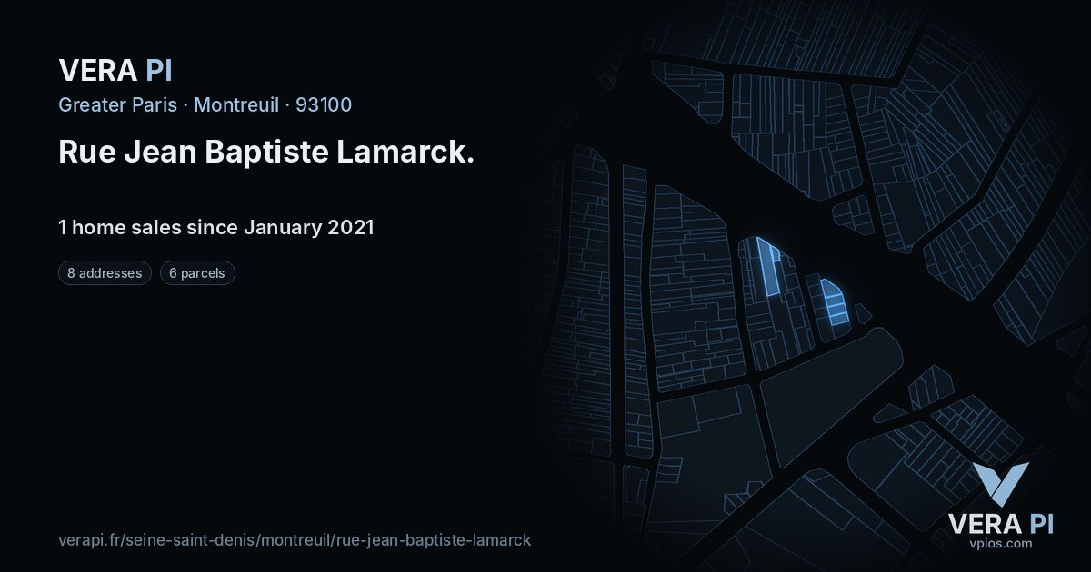 Rue Jean Baptiste Lamarck, Montreuil at night – every parcel coloured by the prices around it, the street's own parcels lit