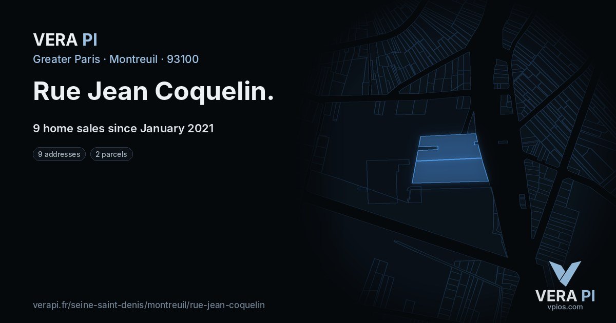 Rue Jean Coquelin, Montreuil at night – every parcel coloured by the prices around it, the street's own parcels lit