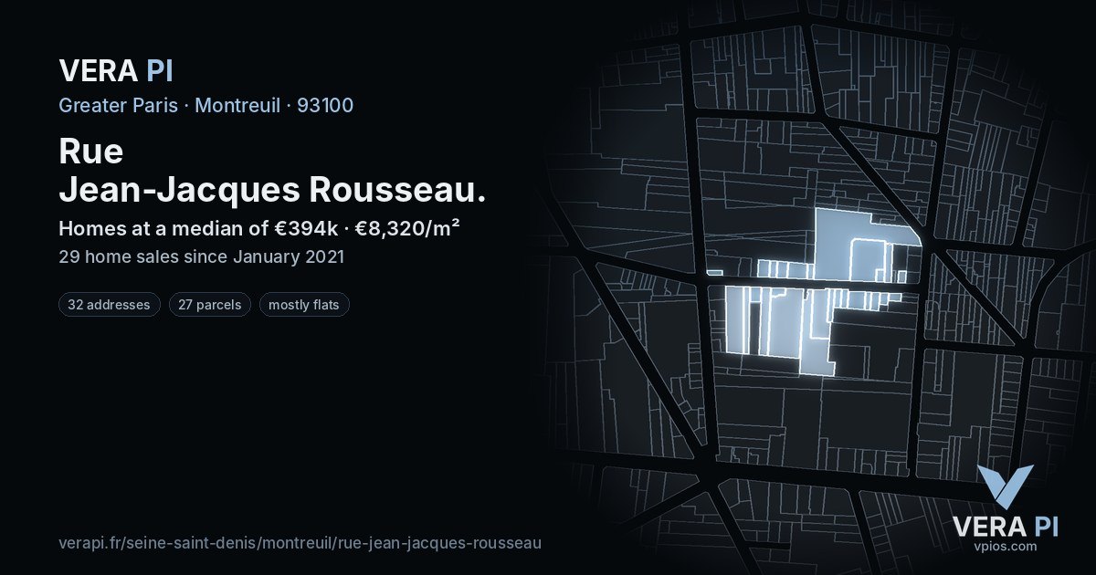 Rue Jean-Jacques Rousseau, Montreuil at night – every parcel coloured by the prices around it, the street's own parcels lit
