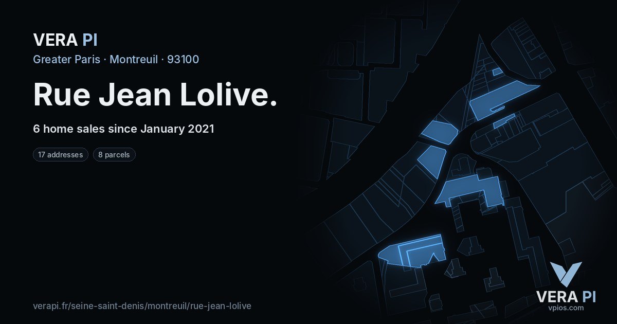 Rue Jean Lolive, Montreuil at night – every parcel coloured by the prices around it, the street's own parcels lit