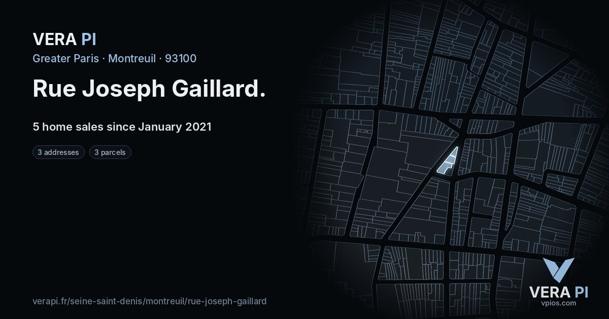 Rue Joseph Gaillard, Montreuil at night – every parcel coloured by the prices around it, the street's own parcels lit