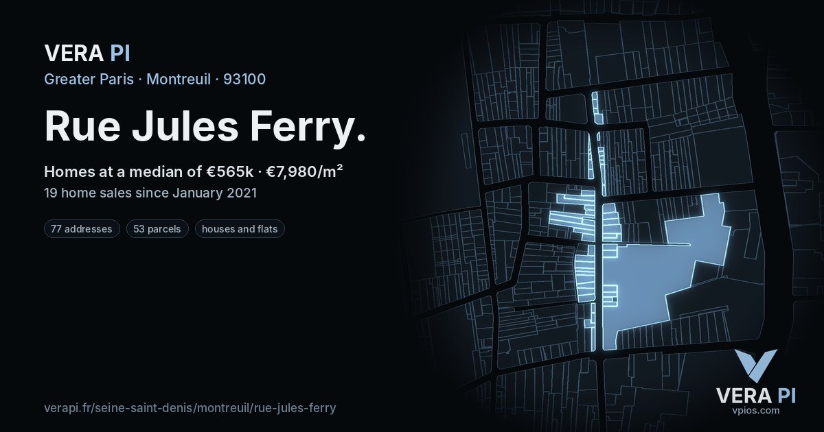 Rue Jules Ferry, Montreuil at night – every parcel coloured by the prices around it, the street's own parcels lit