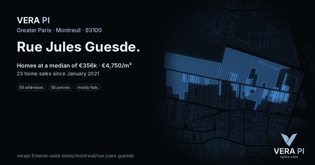 Rue Jules Guesde, Montreuil at night – every parcel coloured by the prices around it, the street's own parcels lit