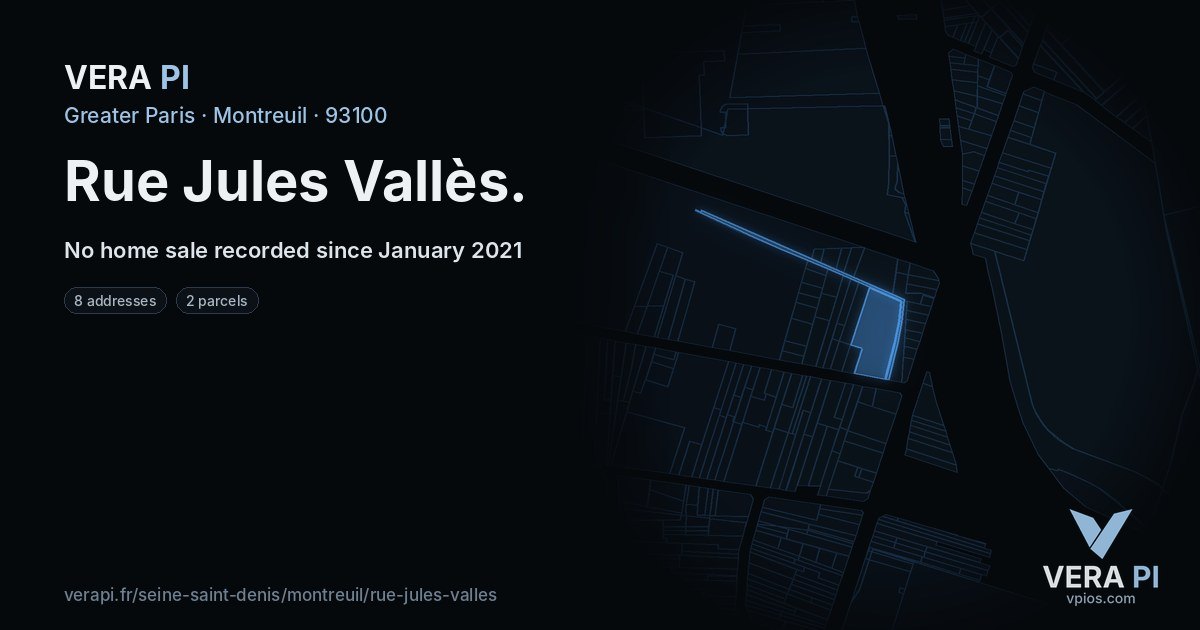 Rue Jules Vallès, Montreuil at night – every parcel coloured by the prices around it, the street's own parcels lit