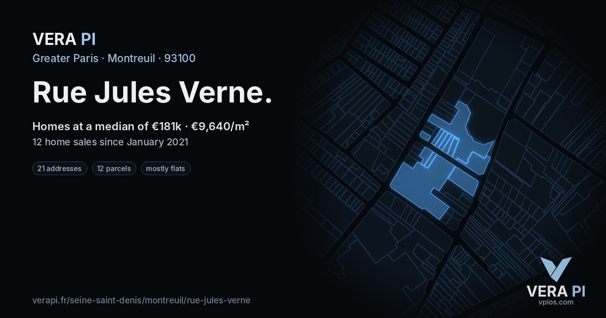Rue Jules Verne, Montreuil at night – every parcel coloured by the prices around it, the street's own parcels lit