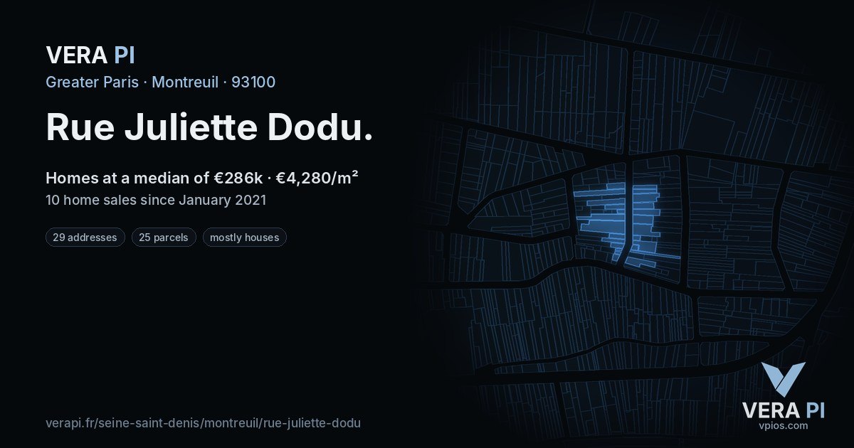 Rue Juliette Dodu, Montreuil at night – every parcel coloured by the prices around it, the street's own parcels lit