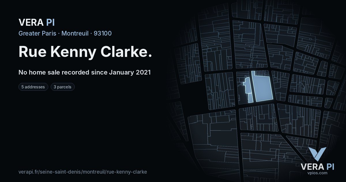 Rue Kenny Clarke, Montreuil at night – every parcel coloured by the prices around it, the street's own parcels lit